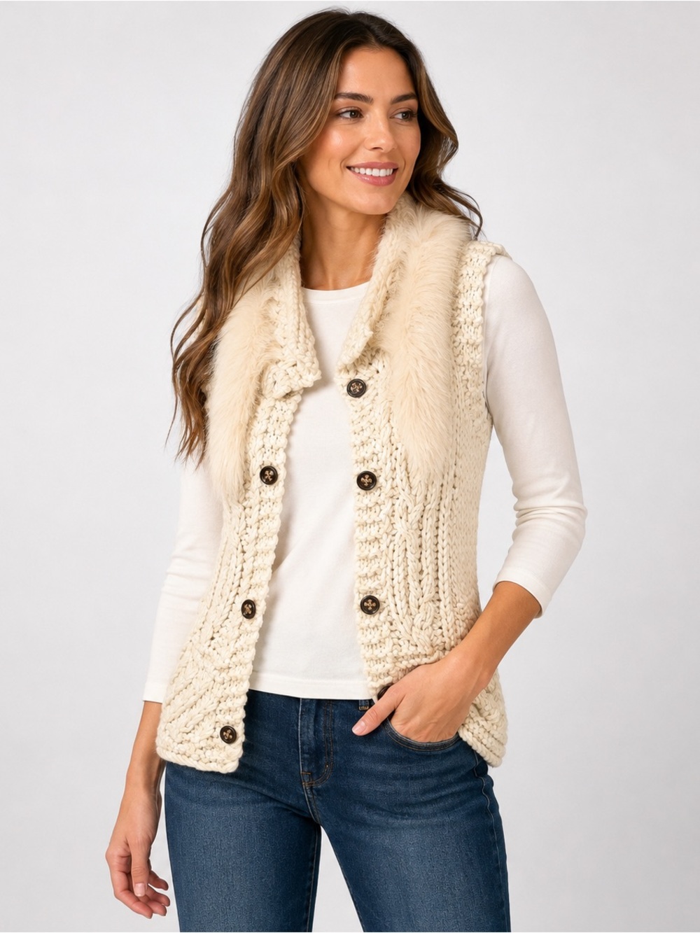 Papaya Chunky Knit Sweater Vest Cream Faux Fur Trim Rabbit Hair Medium